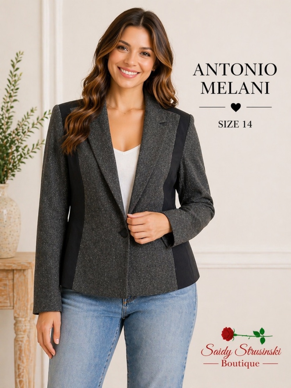 ANTONIO MELANI Women's blue  and Gray designer classic Blazer/size 14